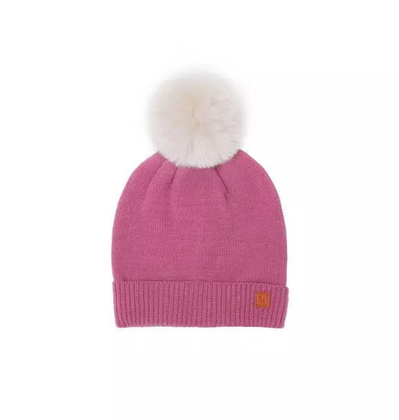Rose Pink Knit Winter Hat with Faux Fur Pom