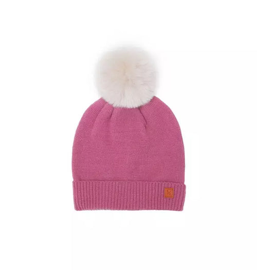 Rose Pink Knit Winter Hat with Faux Fur Pom