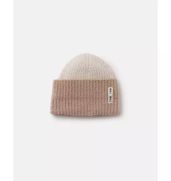 2-Tone Ribbed Beanie Fuzzy - Ecru/Pecan
