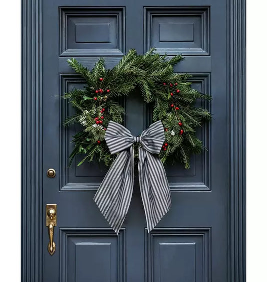 Wreath Bow in Navy French Ticking