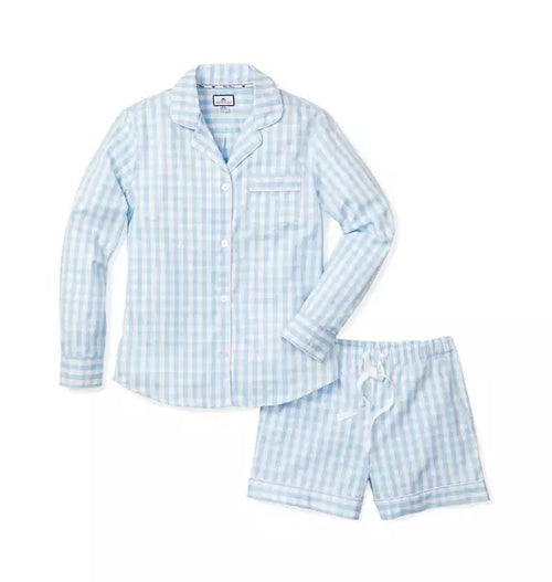 Light Blue Gingham Long Sleeve Short Set