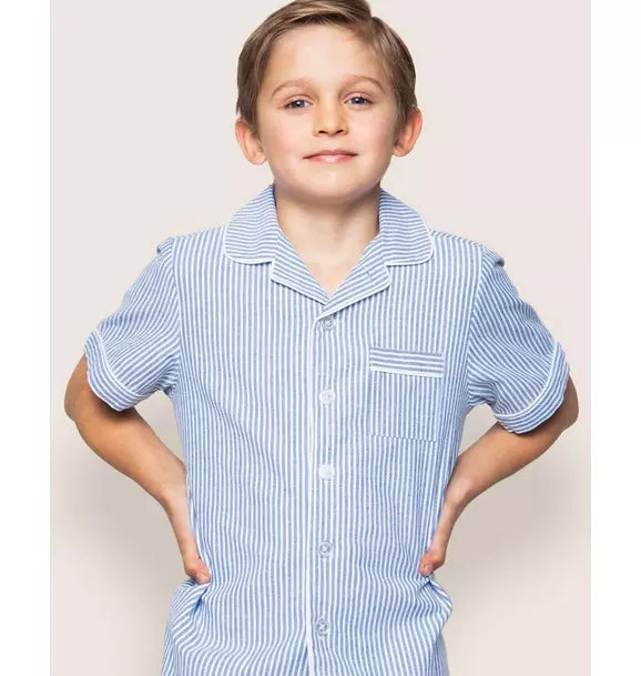 Kid's Twill Pajama Short Set in French Blue Seersucker