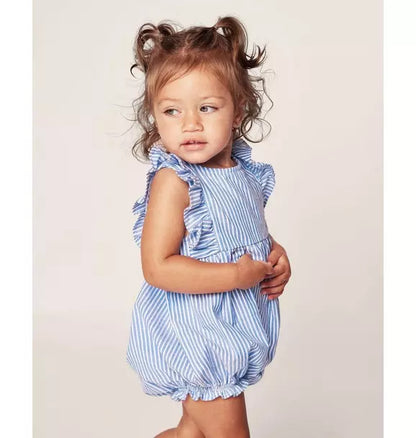 Baby's Twill Ruffled Romper in French Blue Seersucker