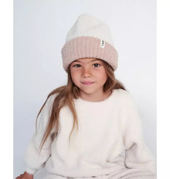 2-Tone Ribbed Beanie Fuzzy - Ecru/Pecan