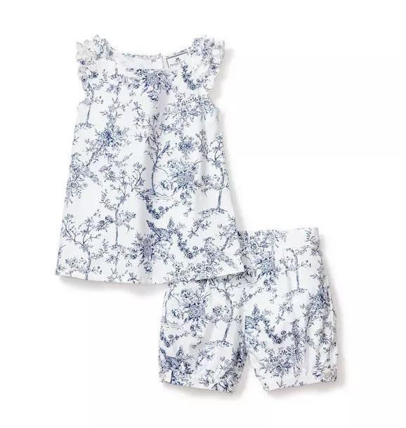 Girl's Twill Amelie Short Set in Blue Timeless Toile